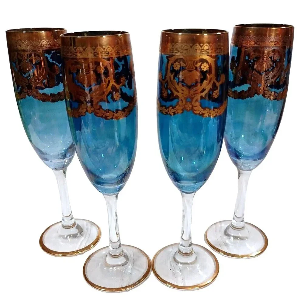 GlassOfVenice Murano Glass Champagne Flutes 24K Gold Leaf - Blue Set 4 Vintage - Picture 1 of 16